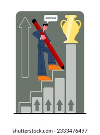 Worker rising upstairs to goblet. Concept of deadlines, successful worker achieve goals by passing all stages of work and receiving trophy. Flat vector illustration in cartoon style