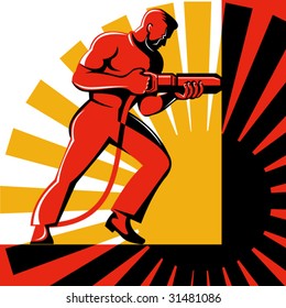 Worker with riveter viewed from the side