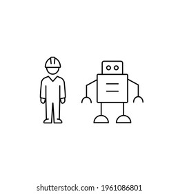 Worker and robot simple thin line icon vector illustration