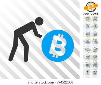 Worker Roll Bitcoin icon with 700 bonus bitcoin mining and blockchain pictograms. Vector illustration style is flat iconic symbols design for crypto-currency software.