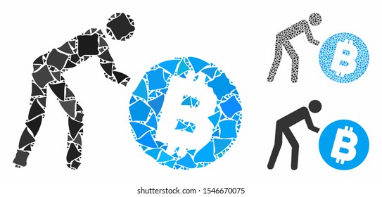Worker roll Bitcoin mosaic of irregular items in variable sizes and shades, based on worker roll Bitcoin icon. Vector joggly elements are combined into mosaic.