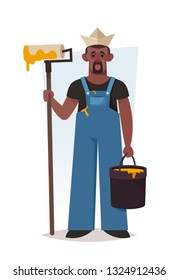 Worker with Roller and Bucket of Paint. Cartoon Style. Vector Illustration