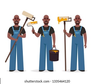 Worker with Roller and Bucket of Yellow Paint. Cartoon Style. Vector Illustration