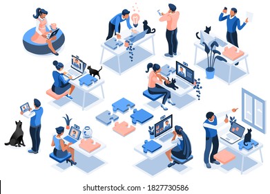 Worker room, female workplace. Home job, girl at the desk online, sitting and working online. Girl at home, worker sitting, room workplace for job, desk of freelance character. Collection flat Vector.