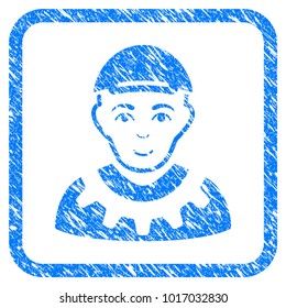 Worker rubber seal imitation. Icon vector symbol with scratched design and dirty texture in rounded square frame. Scratched blue sticker. Male face has gladness feeling.