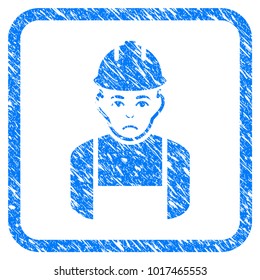 Worker rubber seal stamp imitation. Icon vector symbol with grunge design and corrosion texture inside rounded squared frame. Scratched blue emblem on a white background.