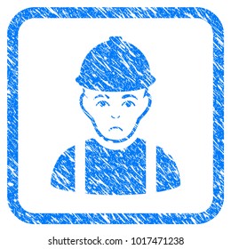 Worker rubber seal stamp imitation. Icon vector symbol with grunge design and dust texture inside rounded frame. Scratched blue sign.
