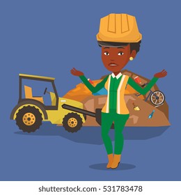 Worker of rubbish dump standing with spread arms. Woman standing on the background of rubbish dump and bulldozer. An african worker of rubbish dump. Vector flat design illustration. Square layout
