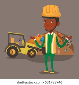 Worker of rubbish dump standing with spread arms. Man standing on the background of rubbish dump and bulldozer. African-american worker of rubbish dump. Vector flat design illustration. Square layout