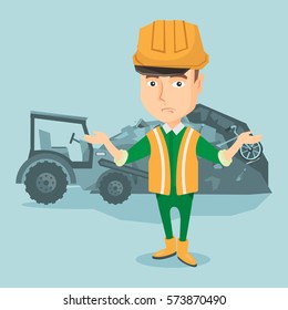 Worker of rubbish dump standing with spread arms. Man standing on the background of rubbish dump and bulldozer. Upset caucasian worker of rubbish dump. Vector flat design illustration. Square layout.