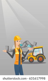 Worker of rubbish dump standing with spread arms. Woman standing on the background of rubbish dump and bulldozer. Caucasian worker of rubbish dump. Vector flat design illustration. Vertical layout.