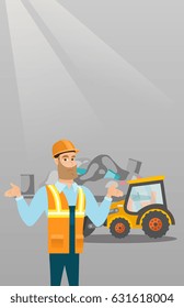 Worker of rubbish dump standing with spread arms. Man standing on the background of rubbish dump and bulldozer. Upset caucasian worker of rubbish dump. Vector flat design illustration. Vertical layout