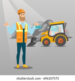 Worker of rubbish dump standing with spread arms. Man standing on the background of rubbish dump and bulldozer. Upset caucasian worker of rubbish dump. Vector flat design illustration. Square layout.