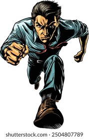 Worker is running towards camera angry boss comic art colored