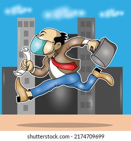 A worker runs because he is late for work