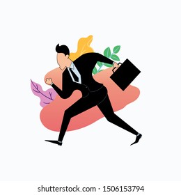 a worker runs quickly to his workplace, flat design illustration for business purpose