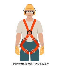 worker with a safety belts, vector illustration,flat style , front view