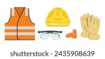 Worker safety gear illustration set. Personal protective equipment collection including, hi-vis vest, hard hat, safety glasses, ear plugs and gloves. PPE flat vector graphic elements.