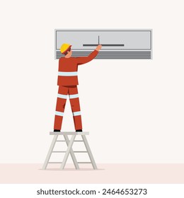 Worker in safety gear on ladder fixing air conditioning unit