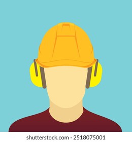 Trabajador con casco de seguridad y orejeras. Ilustración vectorial de la cabeza del trabajo de parto que lleva casco y protección auditiva para el equipo de protección personal contra la caída de material y el riesgo de ruido.