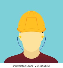 Arbeiter mit Schutzhelm und Ohrstöpsel. Vektorgrafik des harten Hutes tragenden Arbeitskopfes und Gehörschutz für persönliche Schutzausrüstung gegen herabfallendes Material und Lärmgefahr.