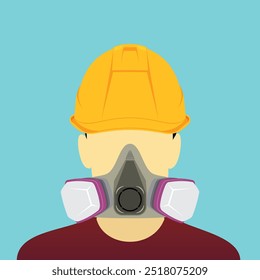 Trabalhador com capacete de segurança e máscara respiratória Ilustração vetorial da cabeça de trabalho vestindo capa dura e proteção respiratória para equipamentos de proteção individual contra queda de material e risco de fumaça.