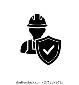 Icono de Vector de seguridad del trabajador. Seguro de trabajo seguro para empleados de construcción. Hombre casco de trabajo sostener el escudo de la marca de verificación de la señal de protección.