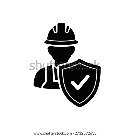 Worker safety vector icon. Illustration construction employee secure work insurance. Man hard hat workwear hold shield checkmark protection sign.