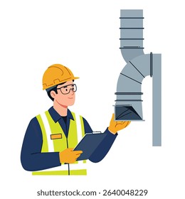 Worker Safety Vest Holding Clipboard Looking Ventilator Air Quality Inspection