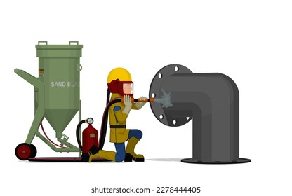 A worker is sand blasting on white background