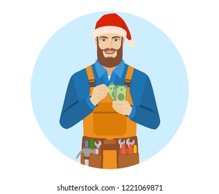 Worker in Santa hat counts cash money. Portrait of worker in a flat style. Vector illustration.