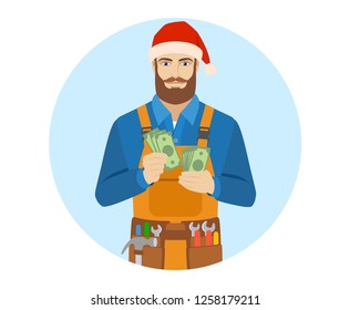 Worker in Santa hat counts cash money. Portrait of worker in a flat style. Vector illustration.