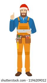 Worker in Santa hat holding digital tablet PC and pointing up. Full length portrait of worker in a flat style. Vector illustration.