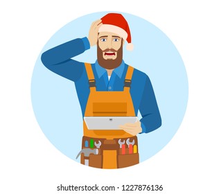 Worker in Santa hat holding digital tablet PC and grabbed his head. Portrait of worker in a flat style. Vector illustration.