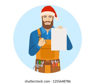 Worker in Santa hat holding a a paper and giving pen for your signature. Portrait of worker in a flat style. Vector illustration.