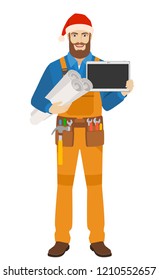 Worker in Santa hat holding the project plans and showing blank digital tablet PC. Full length portrait of worker in a flat style. Vector illustration.