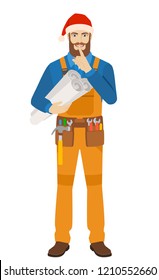 Worker in Santa hat holding the project plans and making hush sign. Full length portrait of worker in a flat style. Vector illustration.