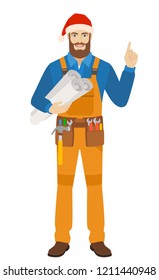 Worker in Santa hat holding the project plans and pointing up. Full length portrait of worker in a flat style. Vector illustration.