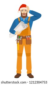 Worker in Santa hat holding the project plans and grabbed his head. Full length portrait of worker in a flat style. Vector illustration.