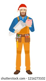 Worker in Santa hat holding the project plans and piggy bank. Full length portrait of worker in a flat style. Vector illustration.