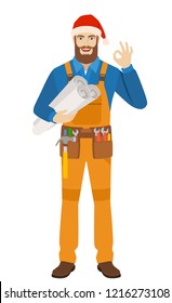 Worker in Santa hat holding the project plans and showing a okay hand sign. Full length portrait of worker in a flat style. Vector illustration.