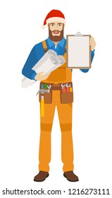 Worker in Santa hat holding the project plans and clipboard. Full length portrait of worker in a flat style. Vector illustration.