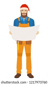 Worker in Santa hat holding the project plans. Full length portrait of worker in a flat style. Vector illustration.