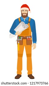 Worker in Santa hat holding the project plans. Full length portrait of worker in a flat style. Vector illustration.