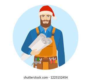 Worker in Santa hat holding the project plans. Portrait of worker in a flat style. Vector illustration.