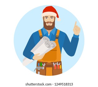 Worker in Santa hat holding the project plans and pointing up. Portrait of worker in a flat style. Vector illustration.