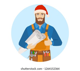 Worker in Santa hat holding the project plans and showing thumb up. Portrait of worker in a flat style. Vector illustration.
