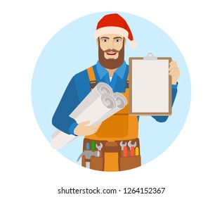 Worker in Santa hat holding the project plans and clipboard. Portrait of worker in a flat style. Vector illustration.