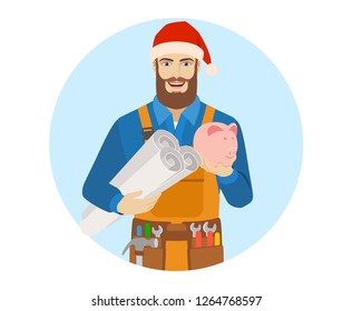 Worker in Santa hat holding the project plans and piggy bank. Portrait of worker in a flat style. Vector illustration.