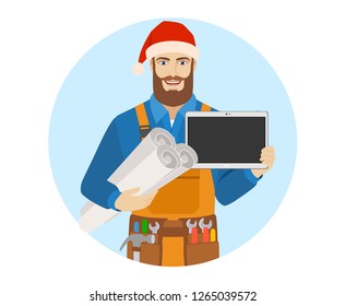 Worker in Santa hat holding the project plans and showing blank digital tablet PC. Portrait of worker in a flat style. Vector illustration.